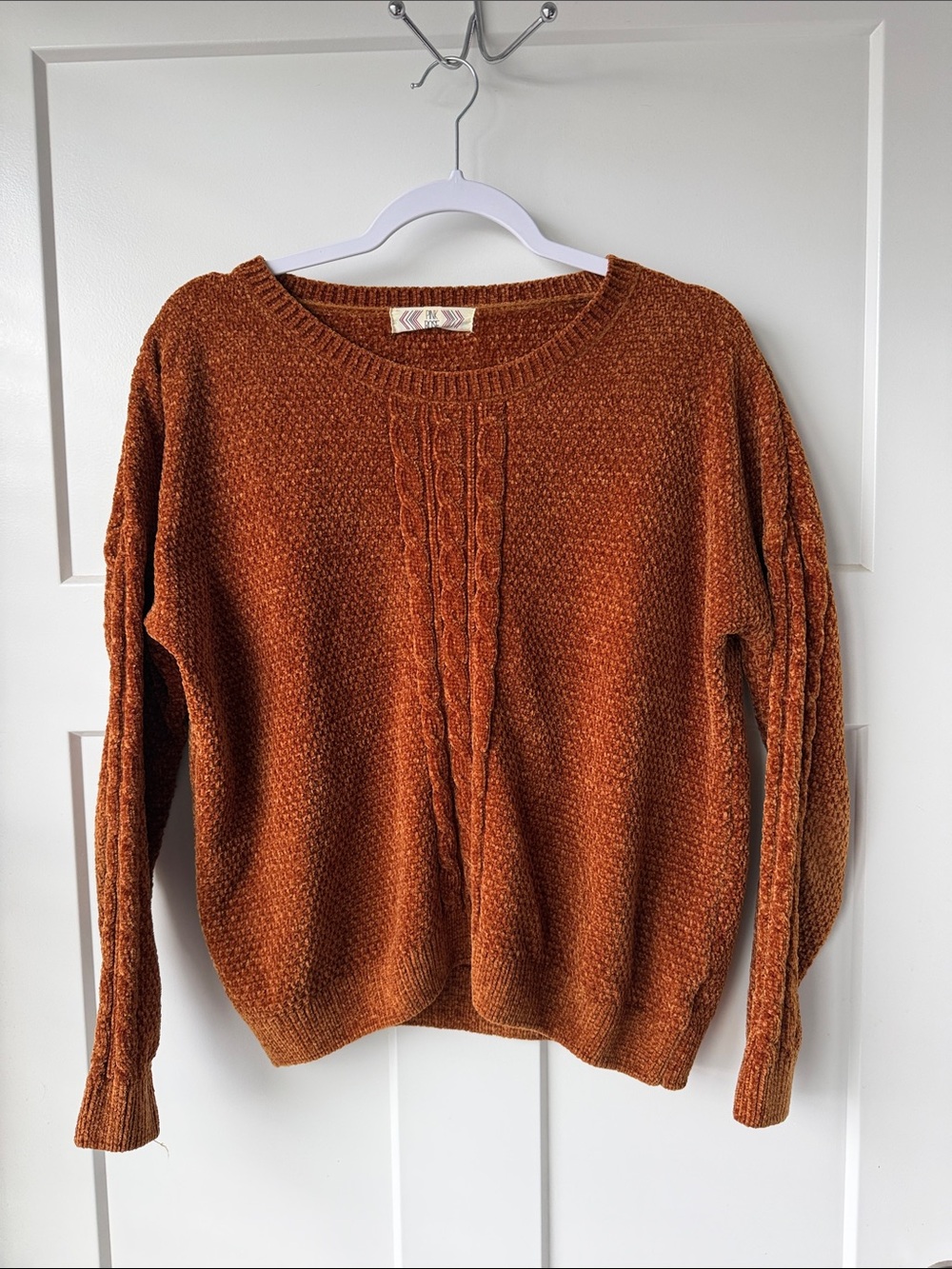 Pink Rose Cable-Front chenille Crewneck Sweater in Rust Orange